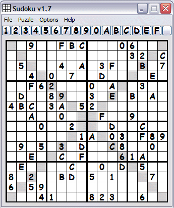 Sudoku Puzzle Generator screenshot showing 16x16 Sudoku at small zoom